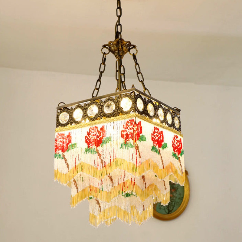 Contemporary Boho Square Brass Frame Rose Flower Tassel Crystal 5-Light Chandelier For Living Room