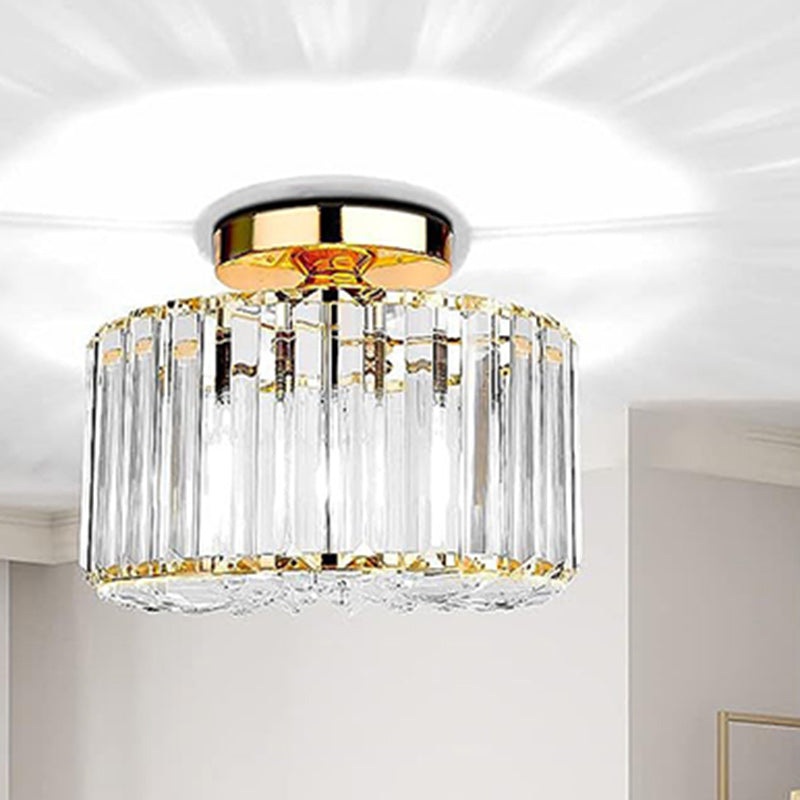Contemporary Luxury Cylinder Steel Crystal 1-Light Semi-Flush Mount Ceiling Light For Living Room