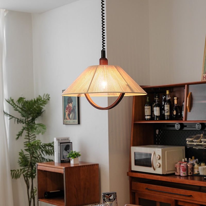 Contemporary Retro Retractable Round Trapezoidal Ash Wood Cotton Linen 1-Light Pendant Light For Living Room