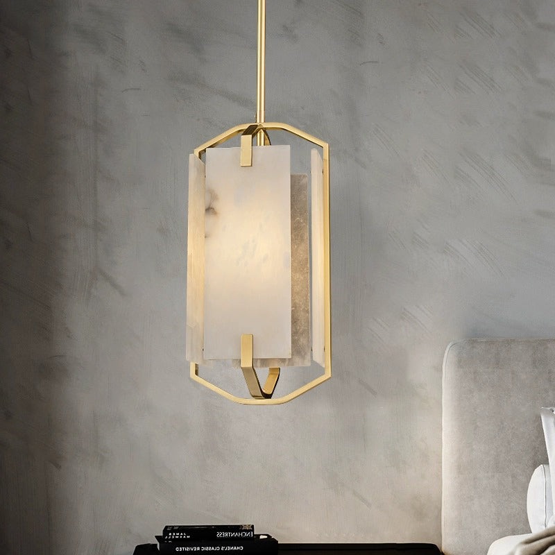 Modern Luxury Rectangular Bar Marble Copper 1-Light Pendant Light For Bedroom