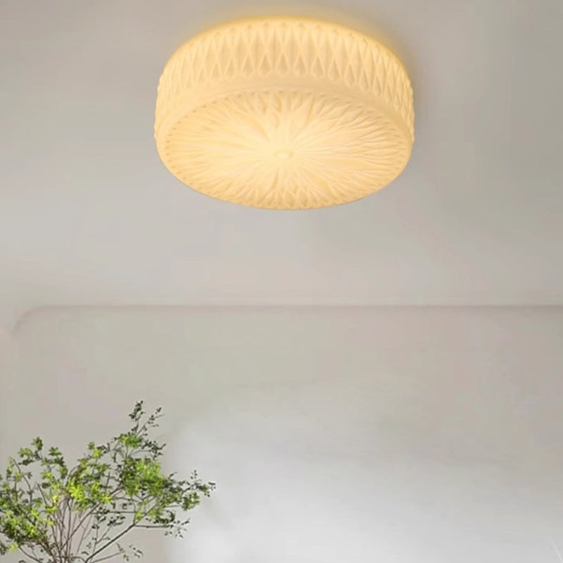 Modern Mid-Century Cream Round Cylinder Dome Iron Glass LED Flush Mount Ceiling Light For Bedroom