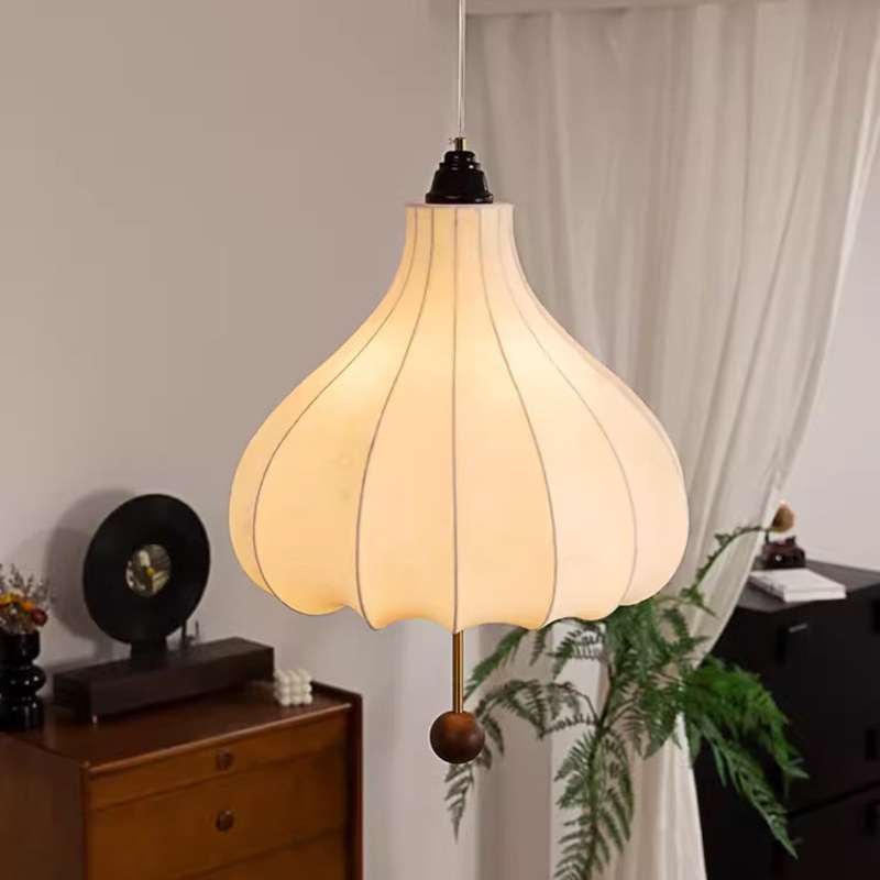 Traditional French Chestnut Iron Fabric Ash Wood 1-Light Pendant Light For Bedroom