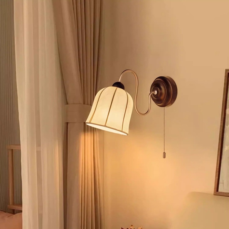 Traditional Vintage Curved Pole Cylinder Fabric Shade Solid Wood Metal Frame 1-Light Wall Sconce Lamp For Bedroom