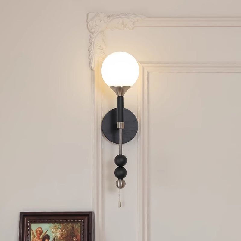 Traditional Vintage Magic Bean Orb Glass Ash Wood Metal 1-Light Wall Sconce Lamp For Living Room