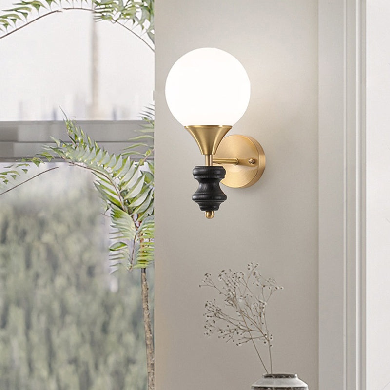 Traditional Vintage Orb Round Glass Walnut Brass 1/2 Light Wall Sconce Lamp For Living Room