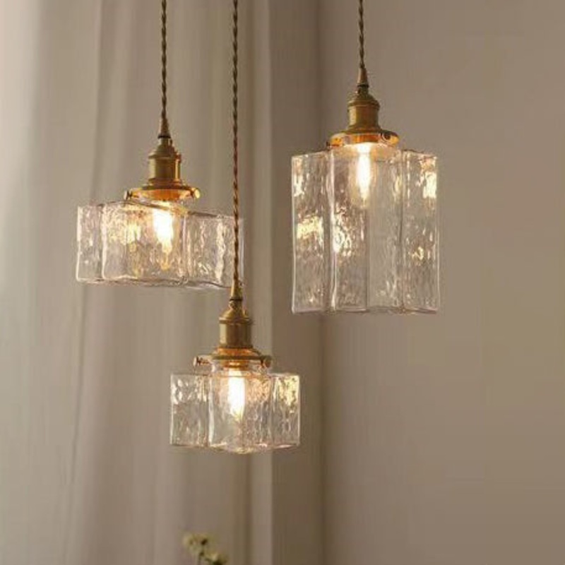 Traditional Vintage Rectangular Brass Glass 1-Light Pendant Light For Living Room