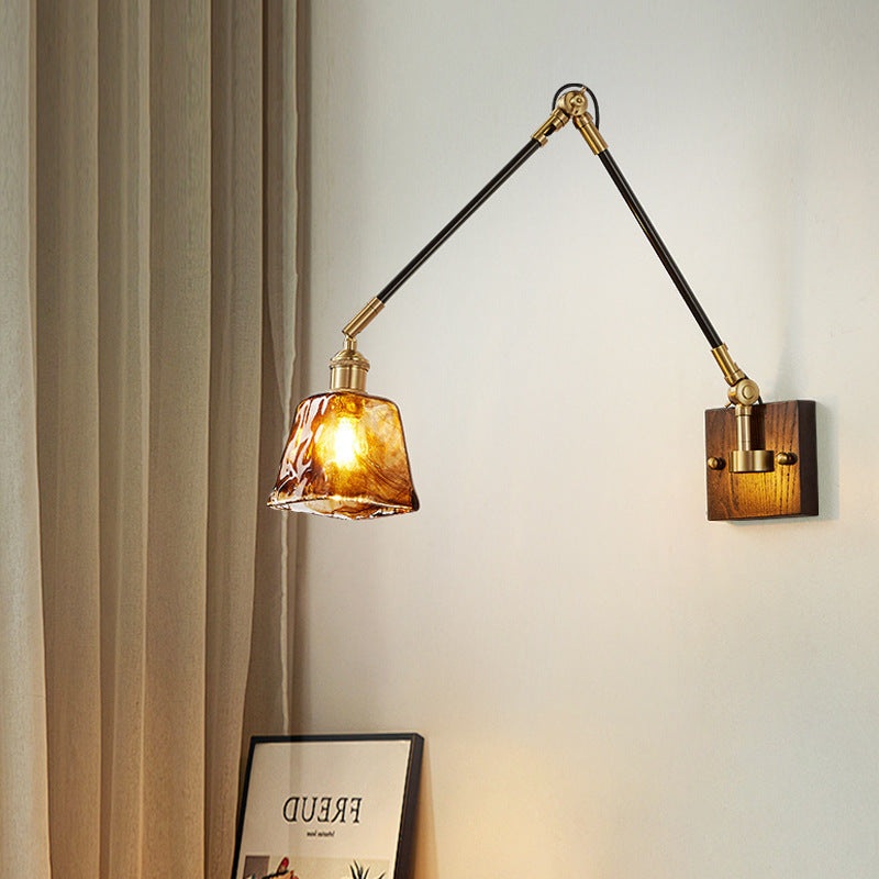 Traditional Vintage Retractable Pole Round Trapezoidal Iron Wood Glass 1-Light Wall Sconce Lamp For Bedroom