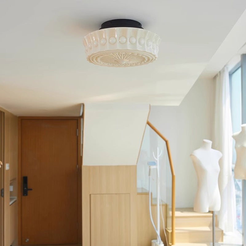 Traditional Vintage Round Floral Orb Disc Base Hardware Glass 3-Light Semi-Flush Mount Ceiling Light For Bedroom