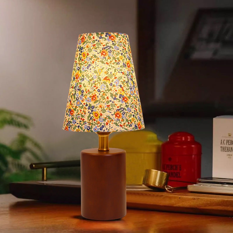 Traditional Vintage Round Table Sphere Cylinder Base Floral Trim Solid Wood Fabric LED Table Lamp For Bedroom