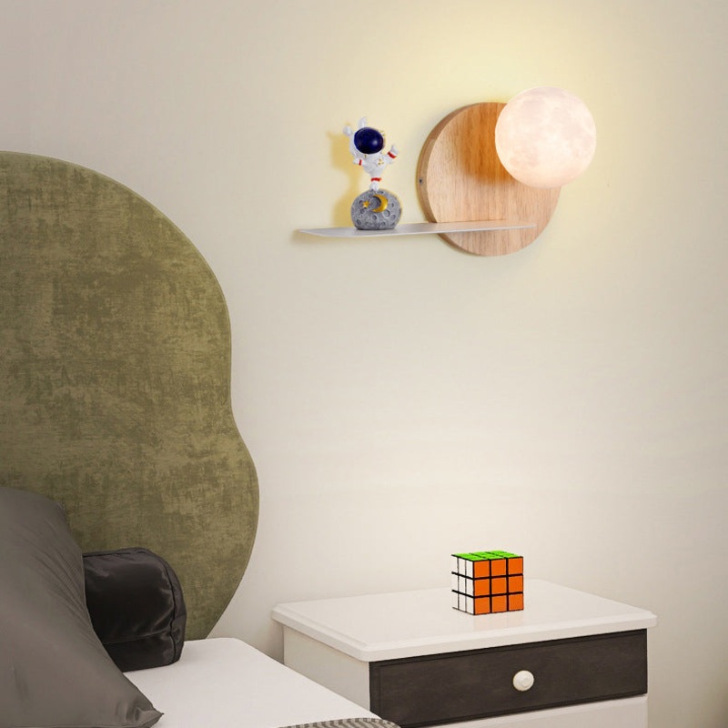 Contemporary Creative Cartoon Rabbit Astronaut Iron Resin Wood 1 -Light Wall Sconce Lamp For Bedroom