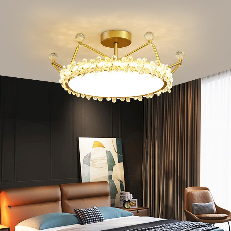 Contemporary Creative Kids Romantic Flower Crown Round Iron Acrylic Crystal LED Semi-Flush Mount Ceiling Light For Bedroom