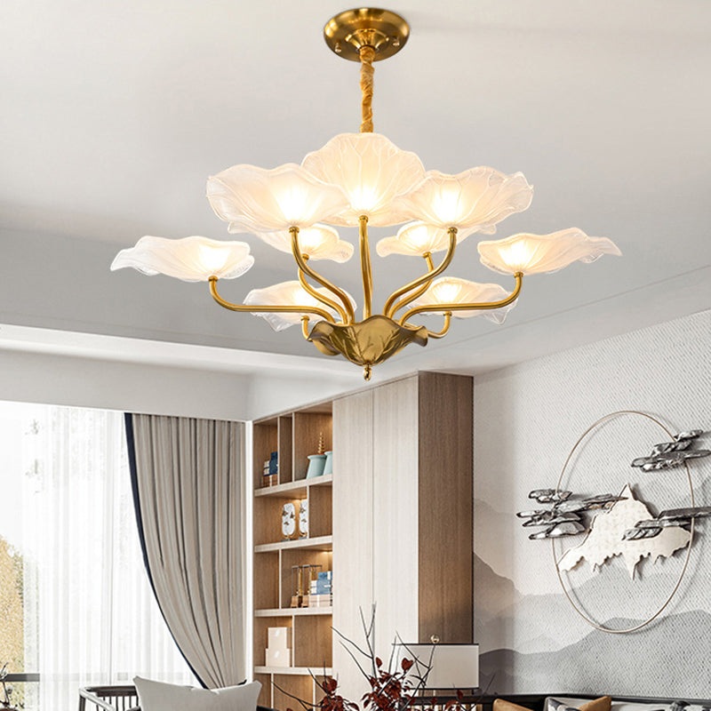 Contemporary Creative Lotus Leaf Branch Round Glass Iron 6/9 Light Chandelier For Living Room