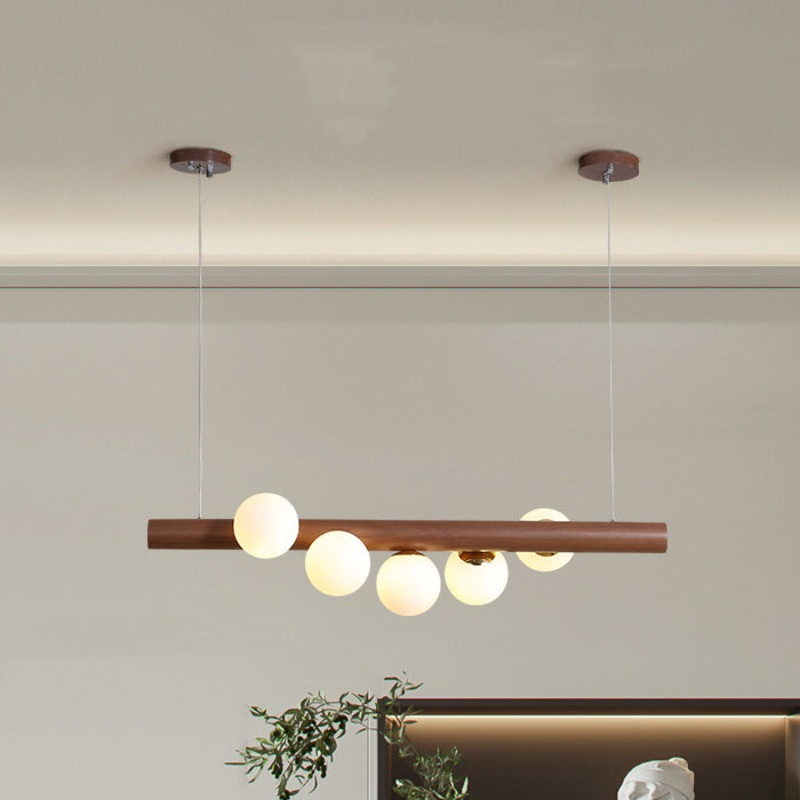 Contemporary Creative Rubber Wood Walnut Brass Glass Strip Ball 5/7 Light Chandeliers Island Light For Dining Room