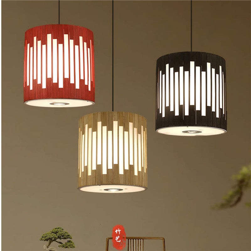 Contemporary Industrial Cylindrical Vertical Lines Bamboo Weaving 1 - Light Pendant Light For Dining Room