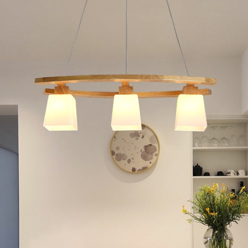 Contemporary Nordic Rectangular Trapezoidal Glass Shade Wooden Frame 3-Light Island Light Chandelier For Dining Room