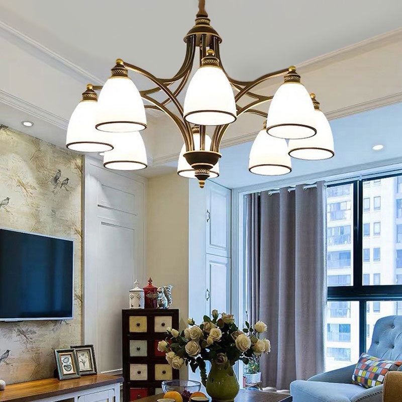 Contemporary Retro Branch Round Cup Shape Glass Shade Metal Frame 3/6/8 Light Chandelier For Living Room