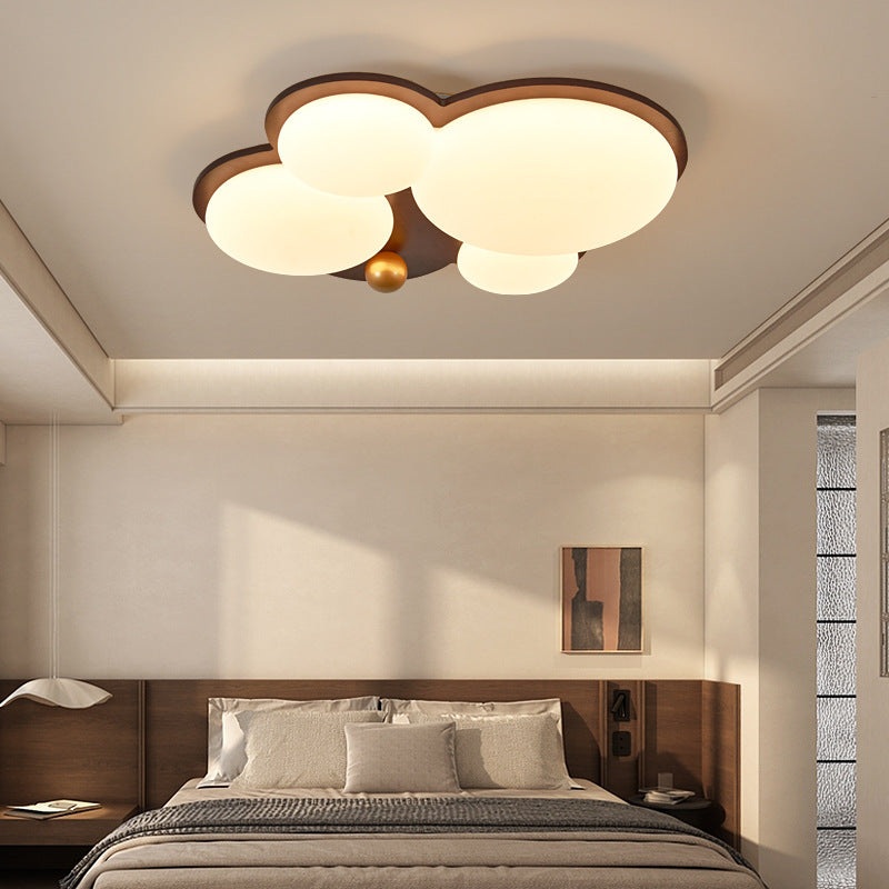 Contemporary Retro Cloud Shape Golden Sphere Rubber Wood Acrylic Iron Lampshade LED Semi-Flush Mount Ceiling Light For Bedroom