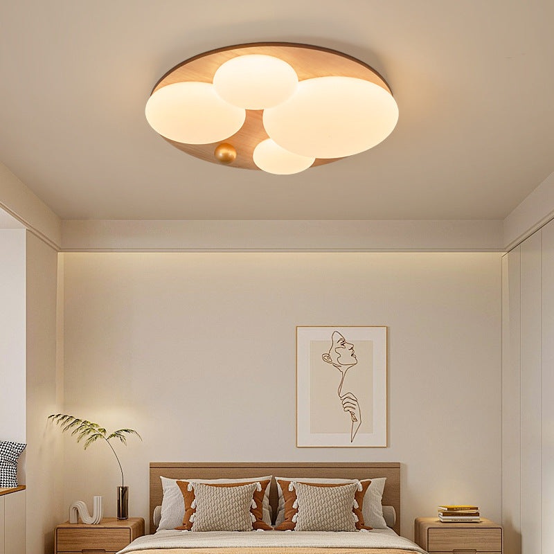 Contemporary Retro Round Golden Sphere Rubber Wood Acrylic Iron Lampshade LED Semi-Flush Mount Ceiling Light For Bedroom