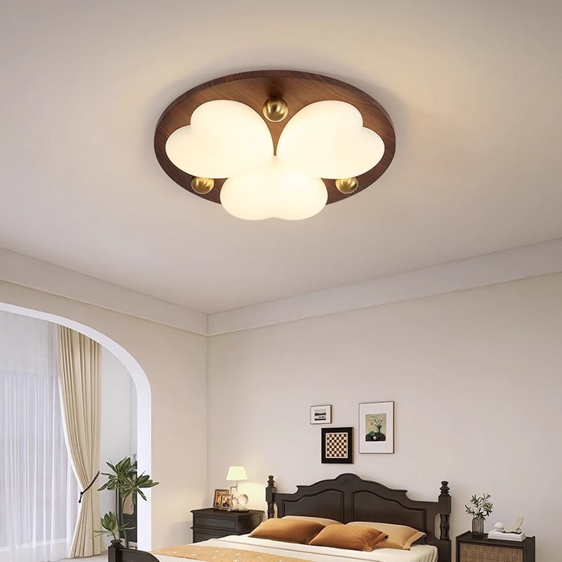 Contemporary Retro Solid Wood PE Cloud Shade LED Flush Mount Ceiling Light For Bedroom