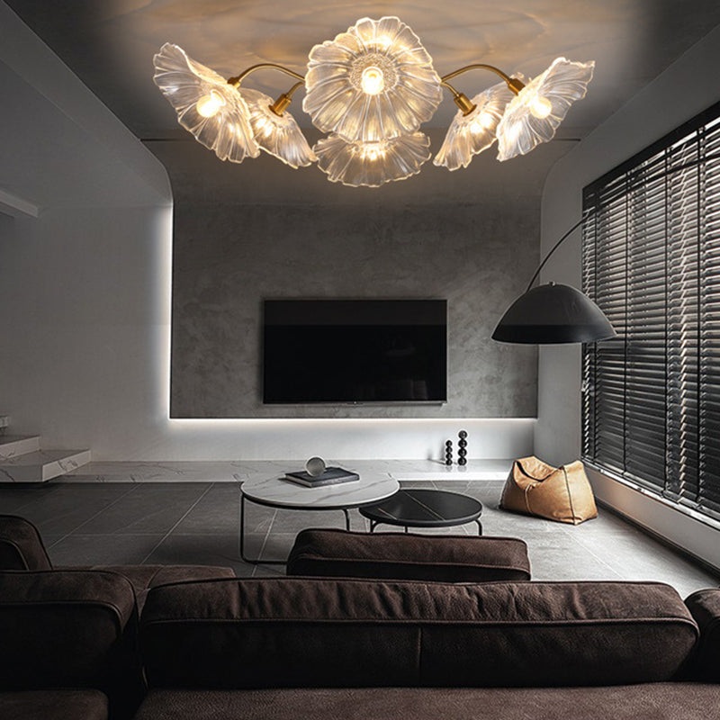 Contemporary Scandinavian Branch Flower Round Glass Iron 5/6 Light Semi-Flush Mount Ceiling Light For Living Room