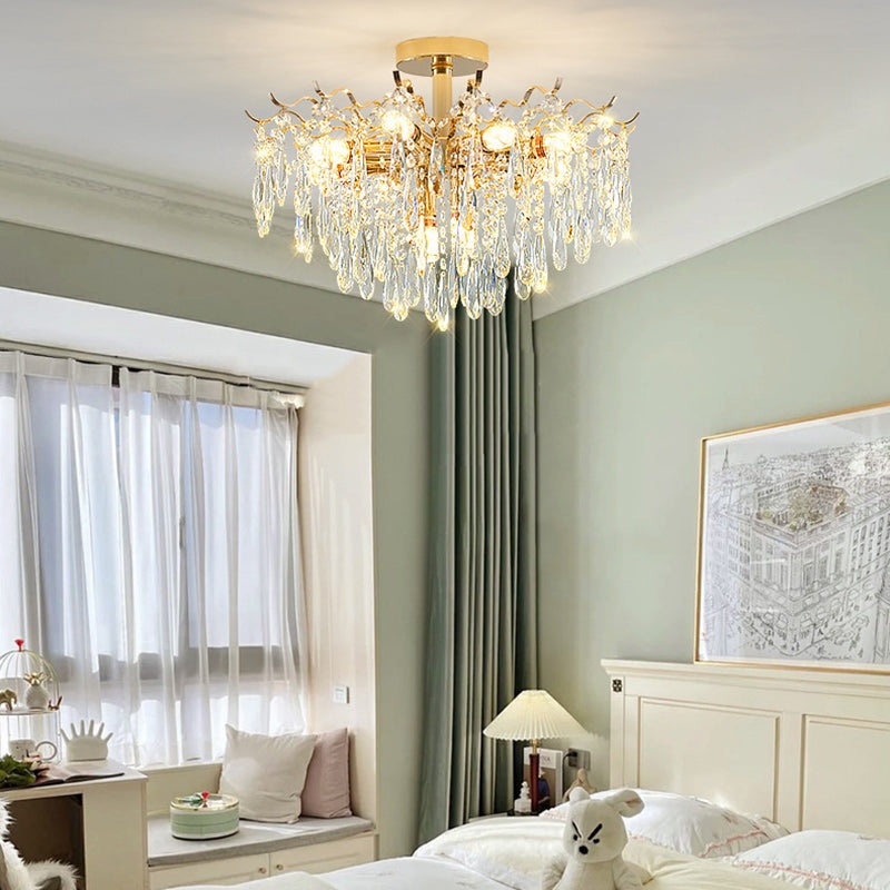 Modern Luxury Tassel Round Iron Crystal 6/10/12/14 Light Semi-Flush Mount Ceiling Light For Living Room
