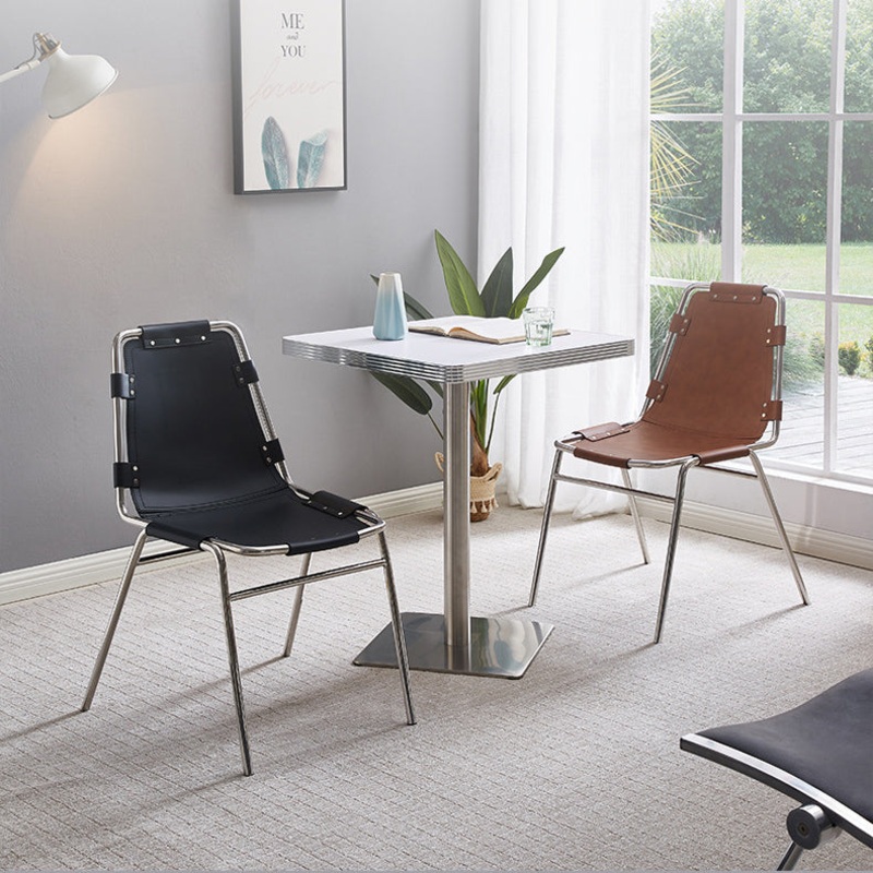Modern Mid-Century Trapezoid Back Leather Stainless Steel Dining Chair Backrest For Dining Room