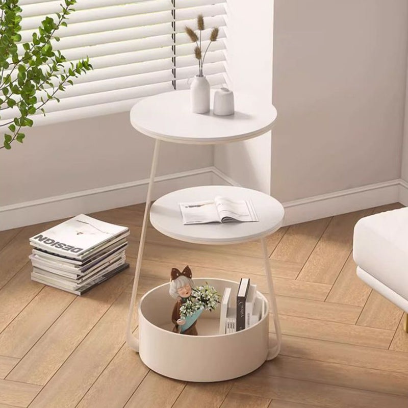 Modern Minimalist Cream Round Rock Slab Iron Coffee Table 2-Tier 1-Storage For Living Room