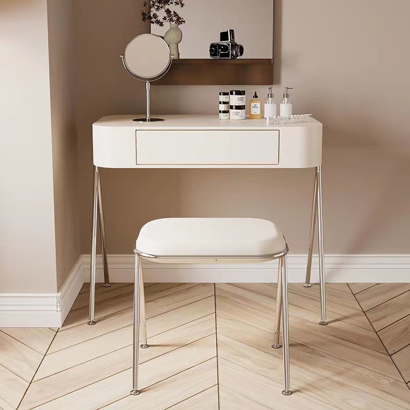 Modern Minimalist MDF Stainless Steel Rectangular Makeup Vanity & Stool Set 1-Drawer For Bedroom