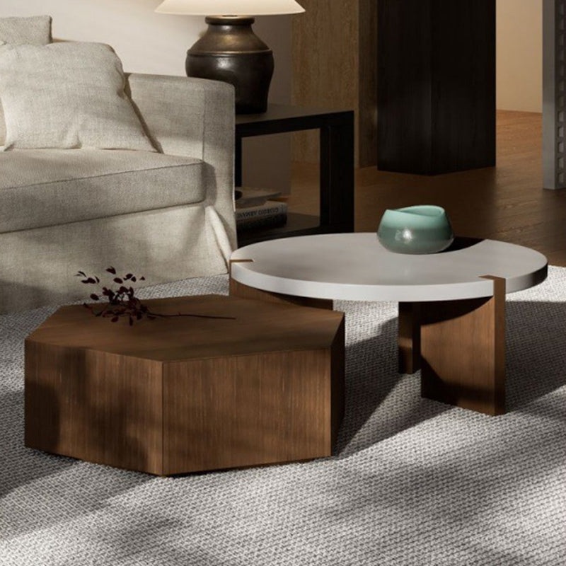 Modern Minimalist Plate Wood Round Hexagon Coffee Table 2-Drawer For Living Room