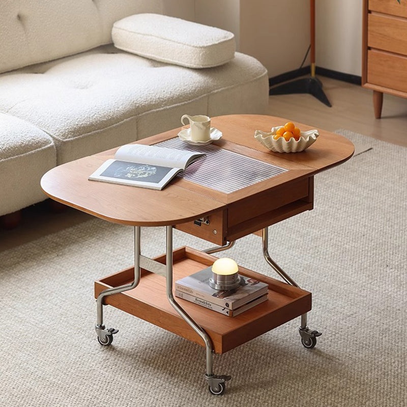 Modern Minimalist Removable Foldable Rectangular Oval Stainless Steel Cherry Wood Glass Coffee Table 2-Drawer For Living Room