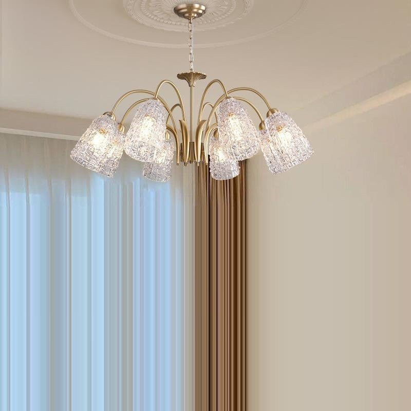 Traditional French Branch Bend Flared Diamond Glass Brass 3/5/6/8/10 Light Chandelier For Living Room