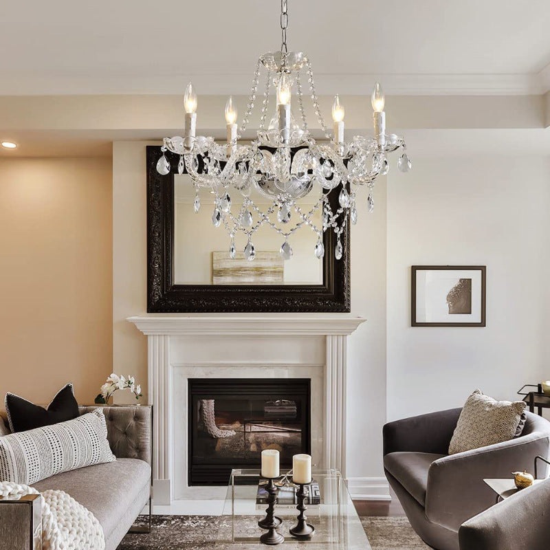 Traditional French Candle Pendant Curved Round Glass Iron 5-Light Chandelier For Living Room
