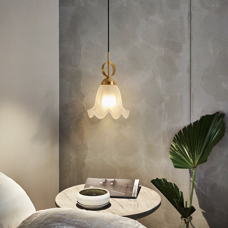 Traditional French Flower Brass Glass Lampshade 1 - Light Pendant Light For Living Room