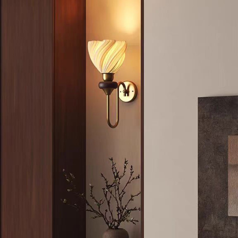 Traditional French Skirt Swing PLA Lampshade Iron Solid Wood 1 - Light Wall Sconce Lamp For Bedroom
