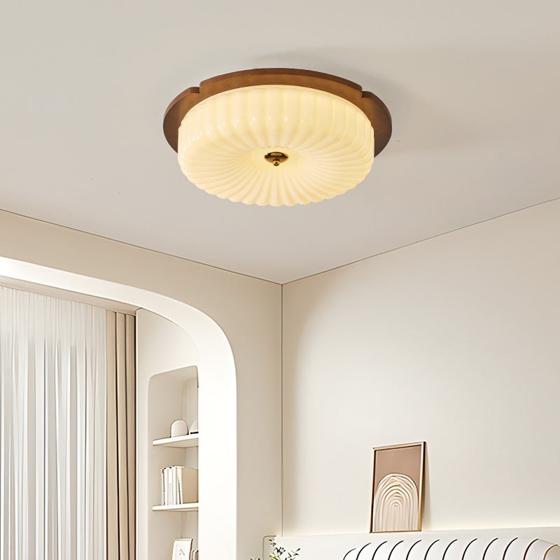 Traditional French Solid Wood Octagonal Glass Shade LED Flush Mount Ceiling Light For Bedroom