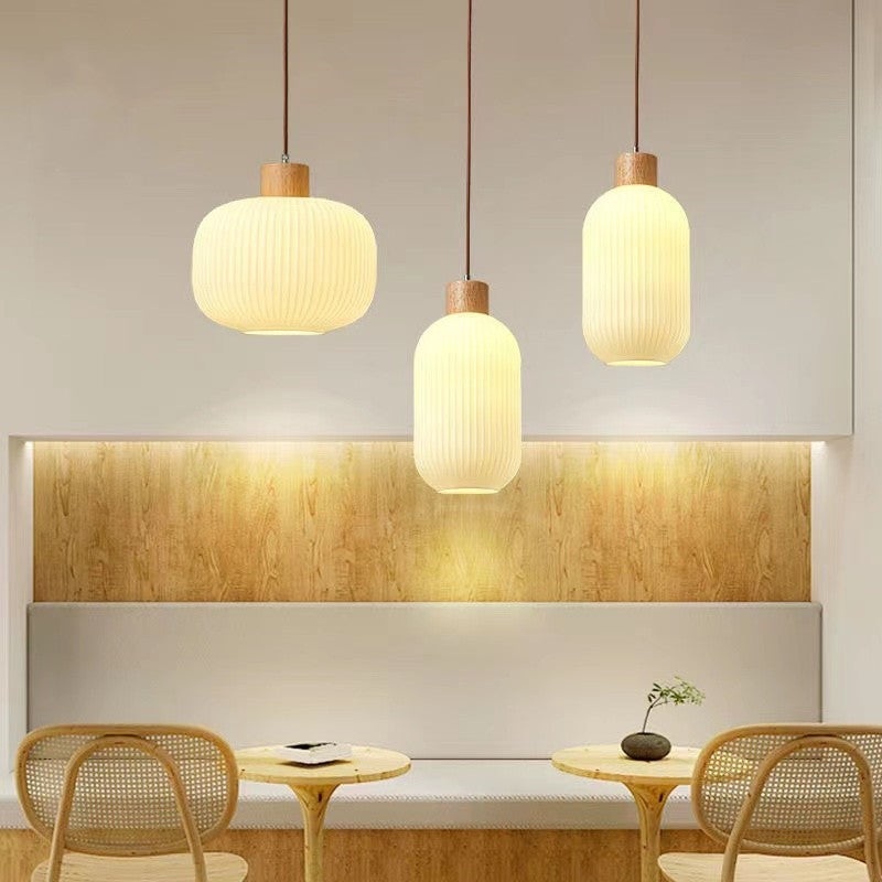 Traditional Japanese Cylinder Glass Solid Wood 1-Light Pendant Light For Living Room