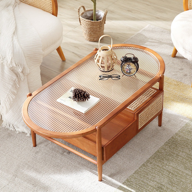 Traditional Japanese Oval Rectangular Glass Wooden Rattan Coffee Table 2-Tier 2-Drawer For Living Room