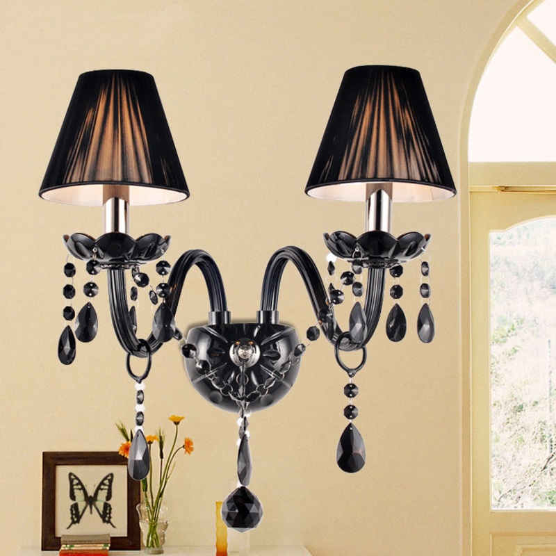 Traditional Vintage Candle Pendant Glass Fabric Crystal Iron 2-Light Wall Sconce Lamp For Bedroom