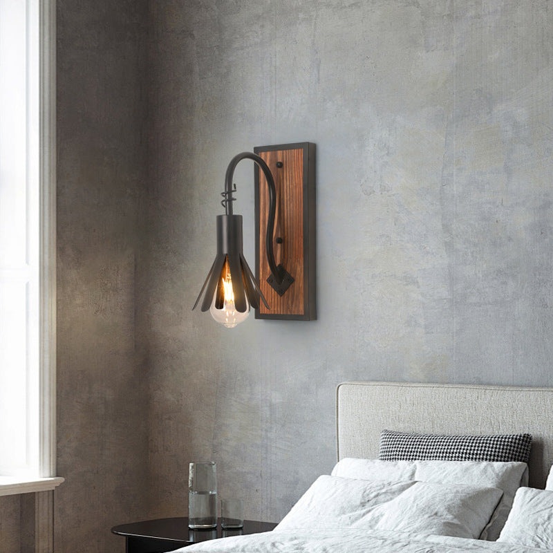 Traditional Vintage Cylinder Wood Iron 1-Light Wall Sconce Lamp For Living Room