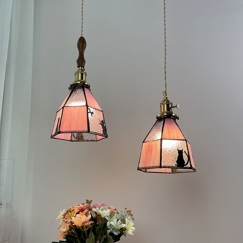 Traditional Vintage Pastoral Brass Glass Shade 1-Light Pendant Light For Living Room