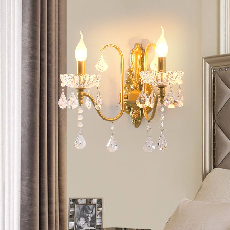 Traditional Vintage Pendant Candle Bent Crystal Iron 2-Light Wall Sconce Lamp For Bedroom