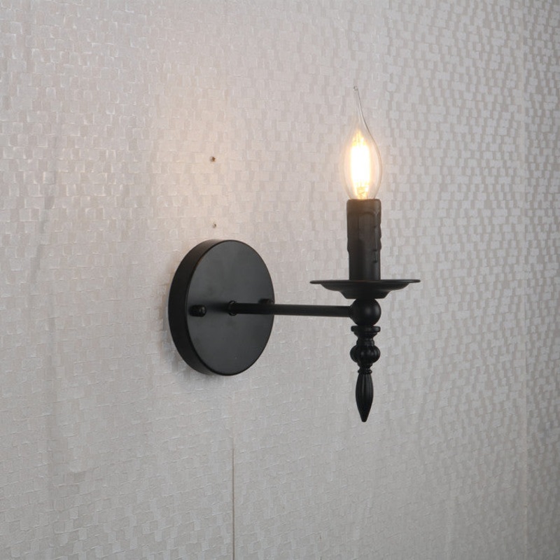 Traditional Vintage Round Candle Shape Glass Iron 1-Light Wall Sconce Lamp For Bedroom