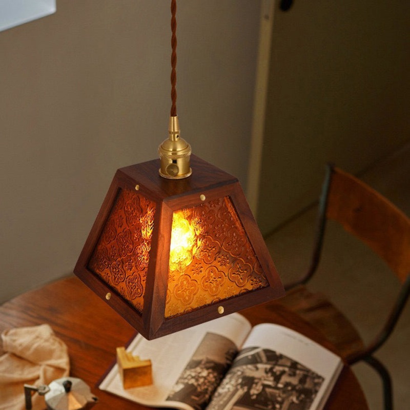 Traditional Vintage Solid Wood Flower Patterned Begonia Glass Shade 1-Light Pendant Light For Living Room