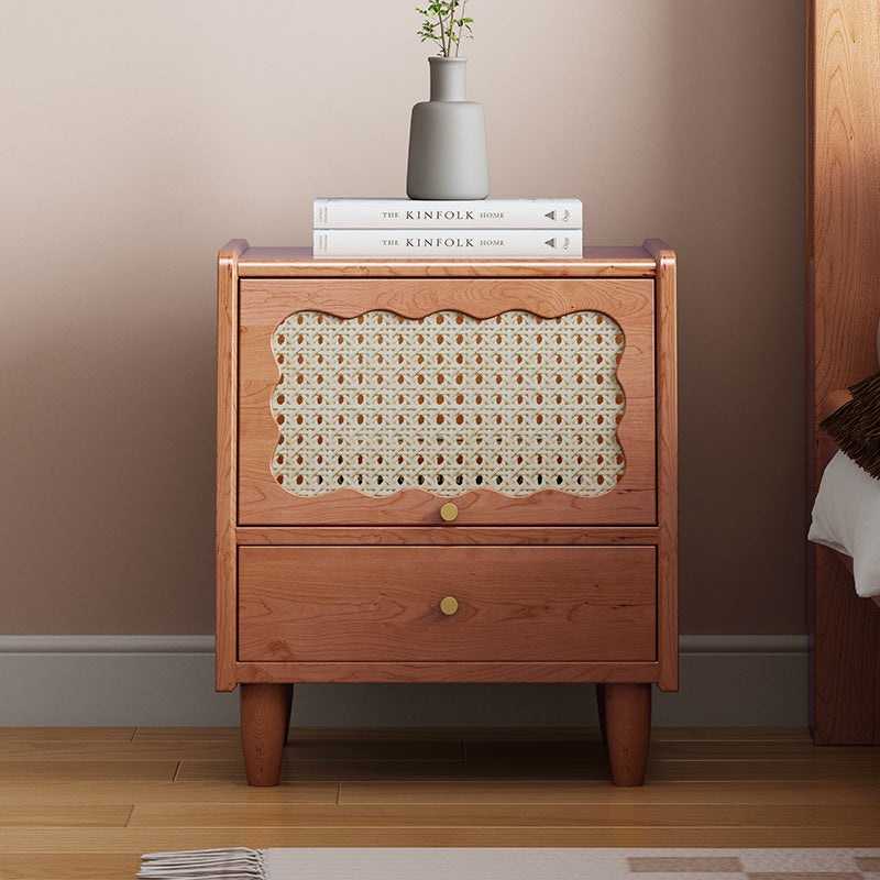 Traditional Vintage Trapezoidal Solid Wood Rattan Nightstand 1-Storage 1-Drawer For Bedroom
