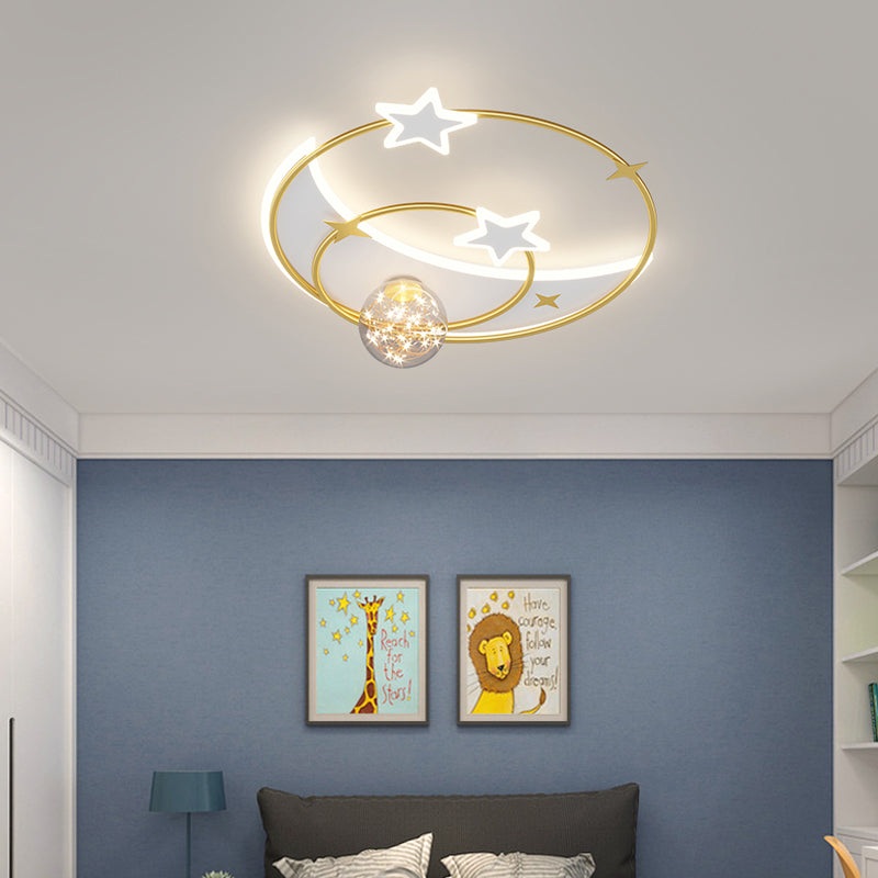 Contemporary Creative Round Starry Sky Moon Star Iron Acrylic LED Flush Mount Ceiling Light For Bedroom