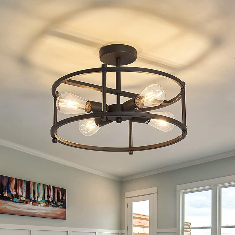Contemporary Industrial Round Iron Frame 4-Light Semi-Flush Mount Ceiling Light For Living Room