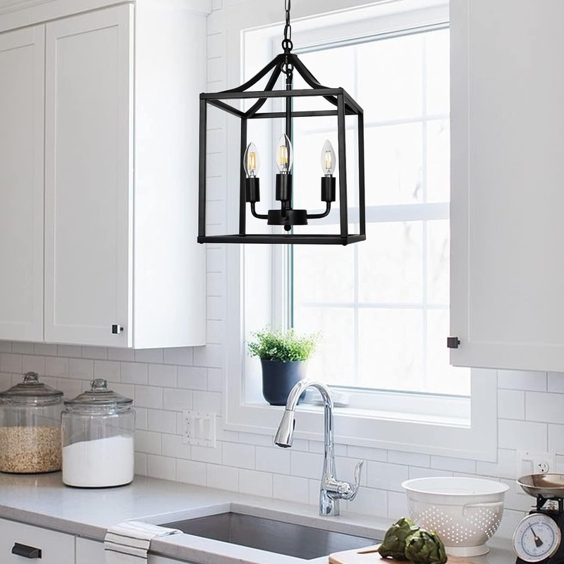 Contemporary Industrial Square Frame Iron 3-Light Pendant Light For Dining Room