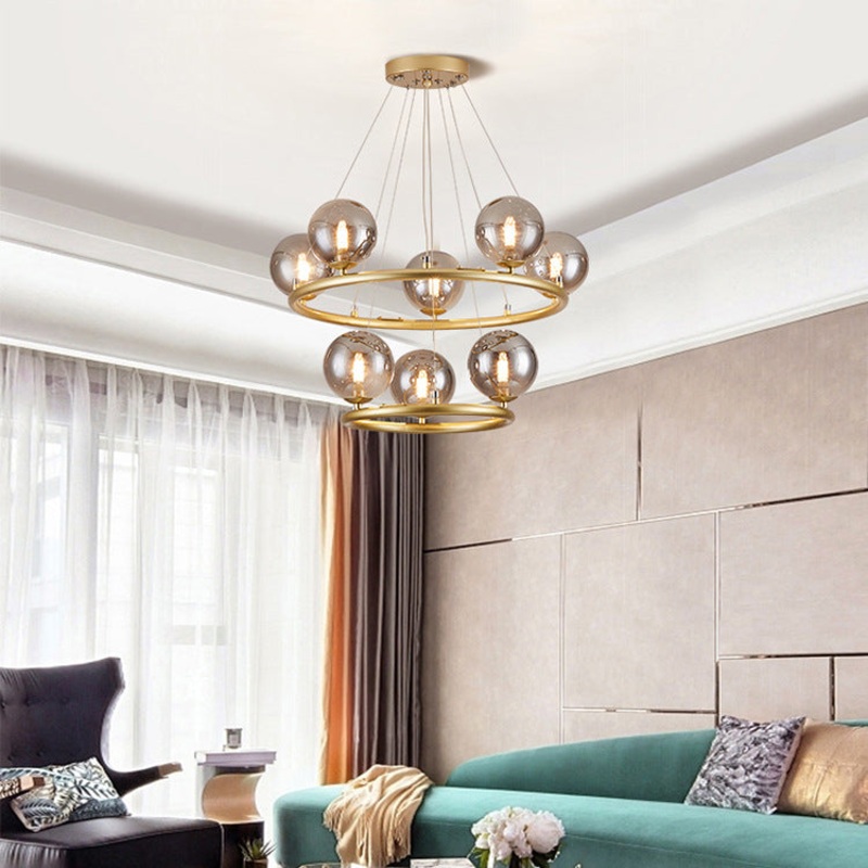 Contemporary Luxury Dual Iron Circle Ring Frame Glass Ball Shade 8-Light Chandelier For Living Room
