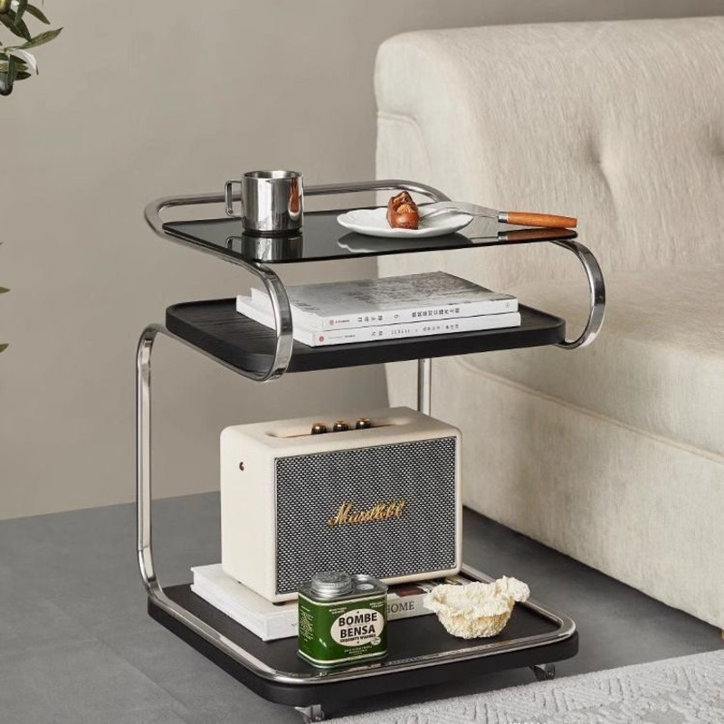 Contemporary Nordic Rectangular Glass Top Ferroalloy Curved Frame End Table Rolling Cart 3-Tier For Living Room