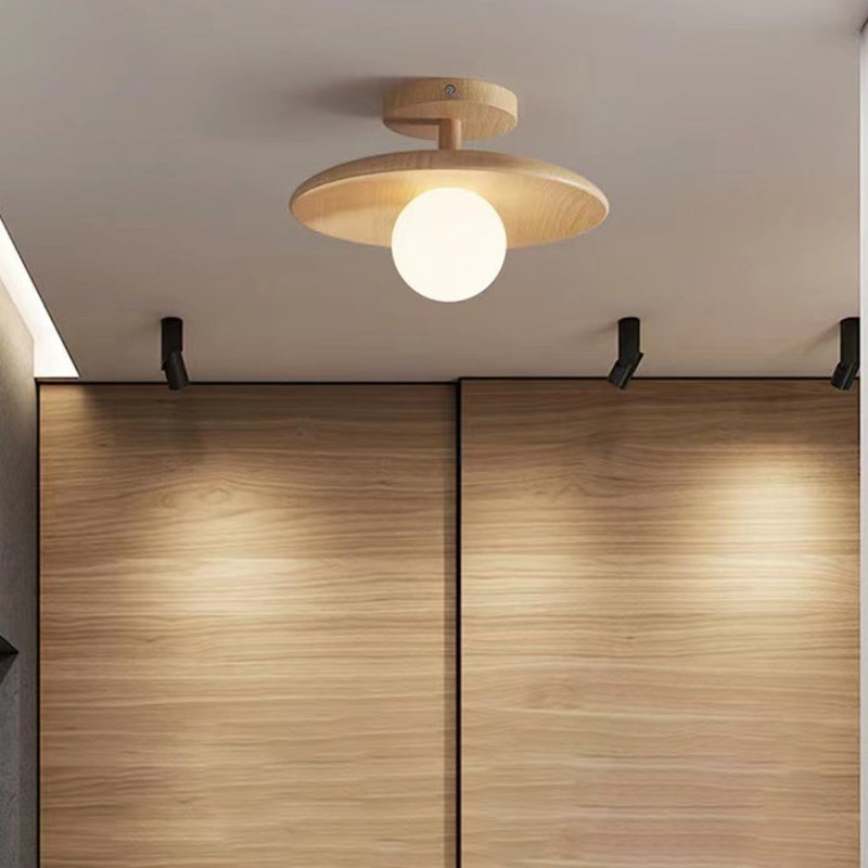 Contemporary Nordic Round Globe Wood Glass 1-Light Semi-Flush Mount Ceiling Light For Living Room